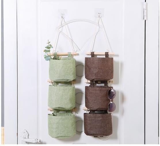 Portaoggetti Appeso Con 3 Tasche - Organizzatore In Lino E Cotone Per Casa E Ufficio, Grigio/Verde/Khaki - Foto 2