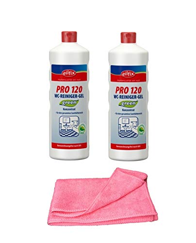 Sanitärreiniger - Kalklöser - WC Entkalker - Urinsteinlöser | mit Profi Microfasertuch rot (2 Flaschen = 2 Liter GREEN WC-Reiniger-Gel) Cover