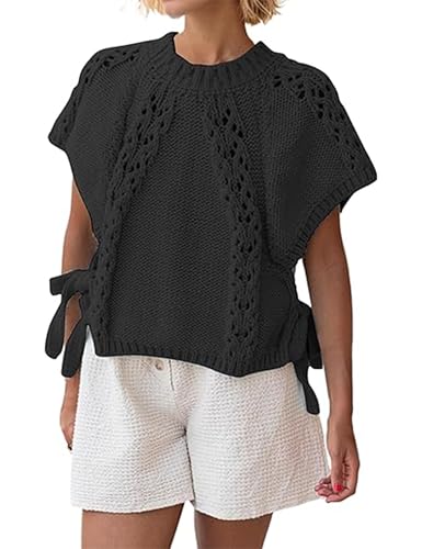 Knitted Tops Short Sleeve Sweater for Women Lace Up Crew Neck Crochet Tops Hollow Out Pullover Sleeve Sweater
