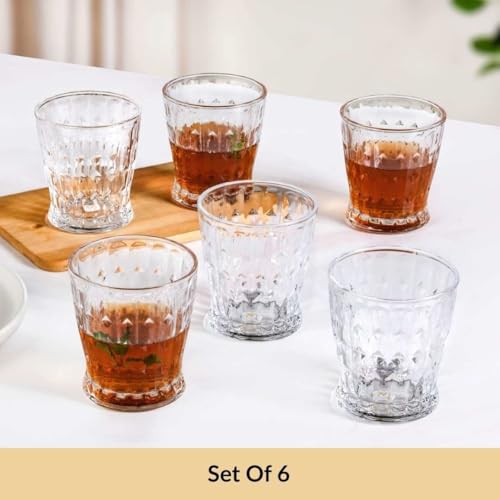 Image of Nestasia Transparent Set of 6 Small Juice Glasses (245 ml Each) - 100% Food Safe & Chip Resistant Diamond Patterned Tapering Tumblers - Ideal for Water, Tea, Coffee & Refreshments