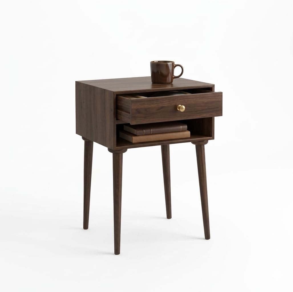 Modern Wooden Bedside Table with Drawer & Open Shelf Storage | Nightstand with Solid Wood Legs | End Side Table for Bedroom, Living Room, Office (Antique Brown)-image-21