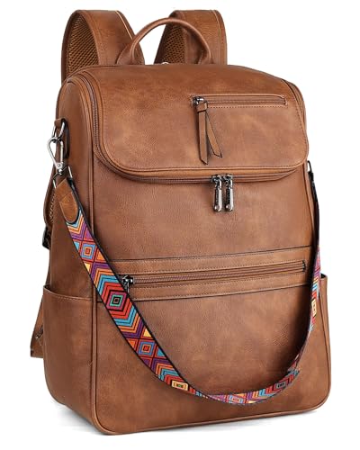 FADEON Laptop Backpack for Women Leather Travel Backpack with Laptop Compartment, Designer Ladies Computer Backpacks Brown