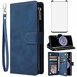 Asuwish Compatible with Samsung Galaxy S9 Wallet Case Tempered Glass Screen Protector and Leather Flip Cover Card Holder Stand Cell Accessories Phone Cases for Glaxay S 9 Edge 9S GS9 Women Men Blue