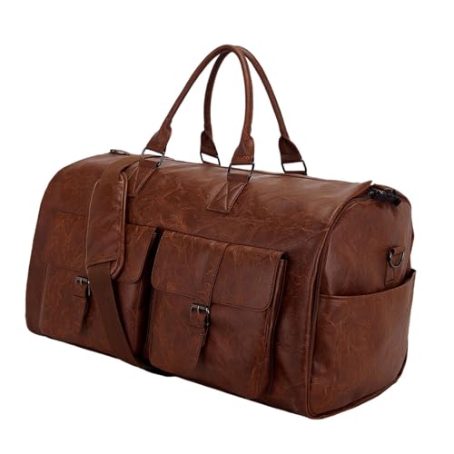 Garment Duffel Bag PU Leather Adjustable Strap Multipurpose Travel Garment Bag, Brown