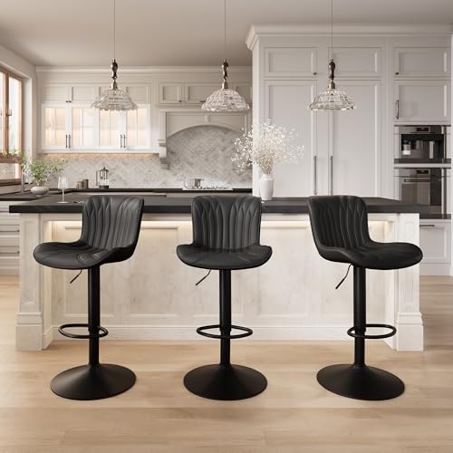 Image of YOUNIKE Black Bar Stools Set of 6 Modern Swivel Counter Height Bar Chair with Back Adjustable Kitchen Island Faux Leather Padded Barstools taburetes de bar Breakfast sillas para barra de cocina 6PCS