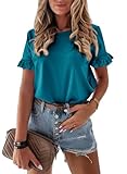 PRETTYGARDEN Women's Short Sleeve Casual T Shirts Summer Ruffle Plain Round Neck Loose Fit Tee Blouse Tops (Dark Blue,S)