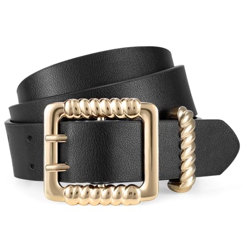 XZQTIVE Leather Belts for Women Classic Black Belt Belt with Gold Square Buckle for Jeans Pants,1.1