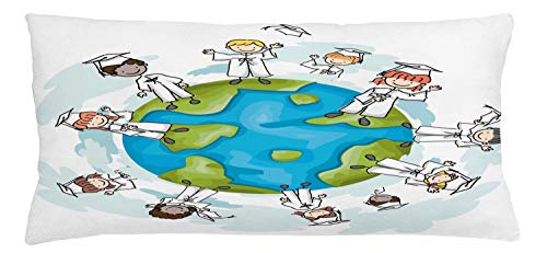 Lunarable Graduation Throw Pillow Cushion Cover, Cartoon Style Graduate on The Top of The World Special Event Worldwide, Decorative Square Accent Pillow Case, 36