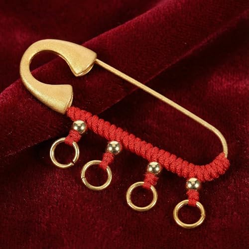 Image of Chinese Vintage Brooch Pin, Retro Amulet Safety Pin Brooch with 4 Loops, Feng Shui Brass Protection Brooch Pin for women