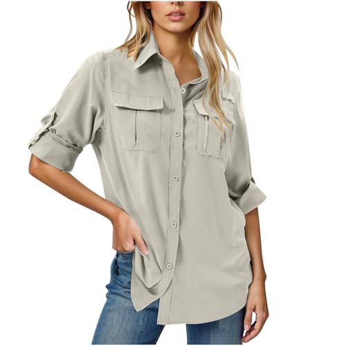 Shffuw Damen Safari Shirts UPF 50 UV Sun Protection Sommer Quick Dry Hemdbluse Long Sleeve Hiking Walking Fishing Casual Outdoor Travel Safari Kleidung Button Down Basic Sport Work Tops with Pockets