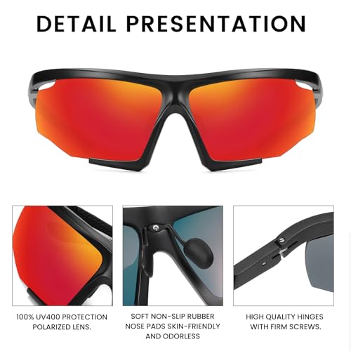 Image of DUCO Sports Mens Sunglasses Trendy Square Polarized Running Sunglasses For Women UV400 Lens DC8238 (Black Frame Revo Red Lens)