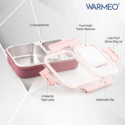 Image of WARMEO BENTO Microwave-Safe Stainless Steel Lunchbox with 2 compartments,bpa Free,Perfect for Office, School, Travelling,750ml-Pink