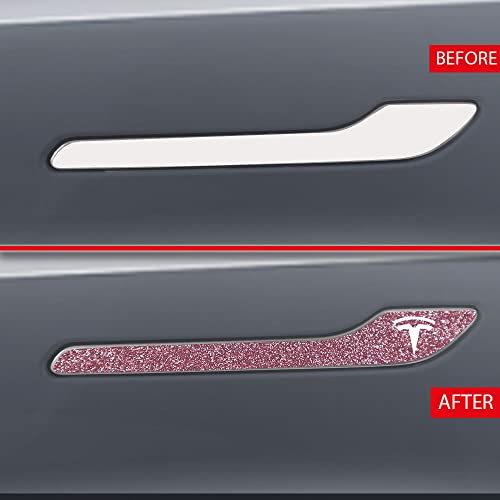 Image of IPG Compatible for Model 3 / Model Y /Juniper Door Handle Decal Sticker Wrap Kit (Set of 4) with Tesla Logo Personalize Your Tesla (Pink Glitter)