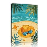 リラックスできるビーチキャンバスウォールアートトロピカル麦わら帽子ヒトデ緑の葉沿岸キャンバスアートワークプリントリビングルームバスルームの家の装飾40x56cmインナーフレーム