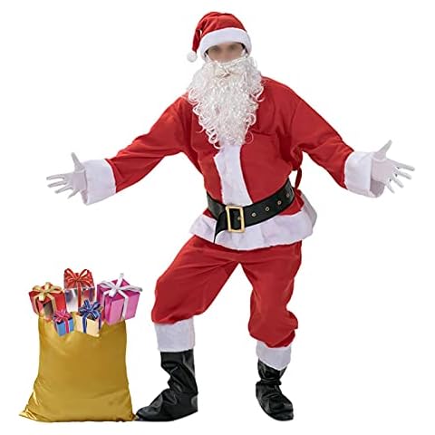 muyulin Men's Santa Claus Costume Adults Suit 8 PCS, Deluxe Velvet Large Santa Outfits for Christmas, Cosplay Party, with hats, beard, belt Cover