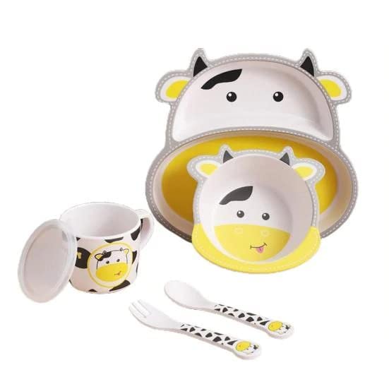 5 Piece Mealtime Bamboo Dinnerware for Kids-Toddler,Set of Plate-Bowl Cup and Spoon-Baby Feeding Utensils for Kids, Eco Friendly and Dishwasher Safe, Great Gift for Birthday (Cow Small)-image-18