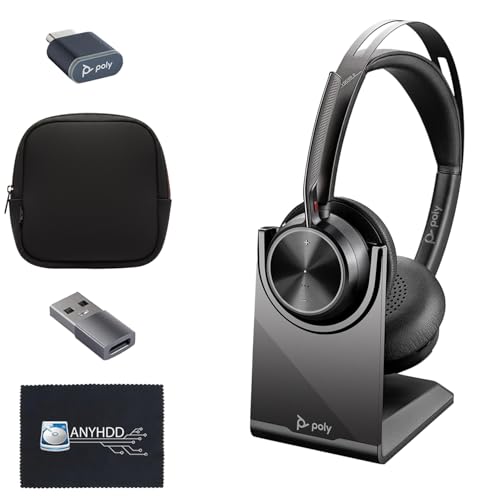 Poly Voyager Focus 2 UC Wireless Headset & Charge Stand - Headphones + Charging Station + USB-C to A Adapter + USB Dongle + Pouch + Microfiber Cloth