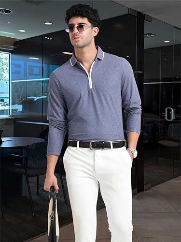 Image of STELLERS Men's Melange Full Sleeve Zipper Polo T-Shirt | Feather Soft Fabric | Breathable | Regular Fit | Quick Dry | Wrinkle Free | Tipping Design
