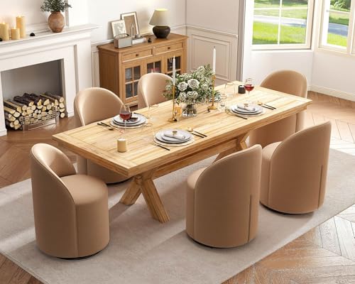 Wahson Velvet Swivel Dining Chairs Set of 6, Modern Upholstered Barrel Accent Chair with 360 Degree Rotation, Khaki Vanity Chair for Dining/Living Room, Bedroom, Makeup Room