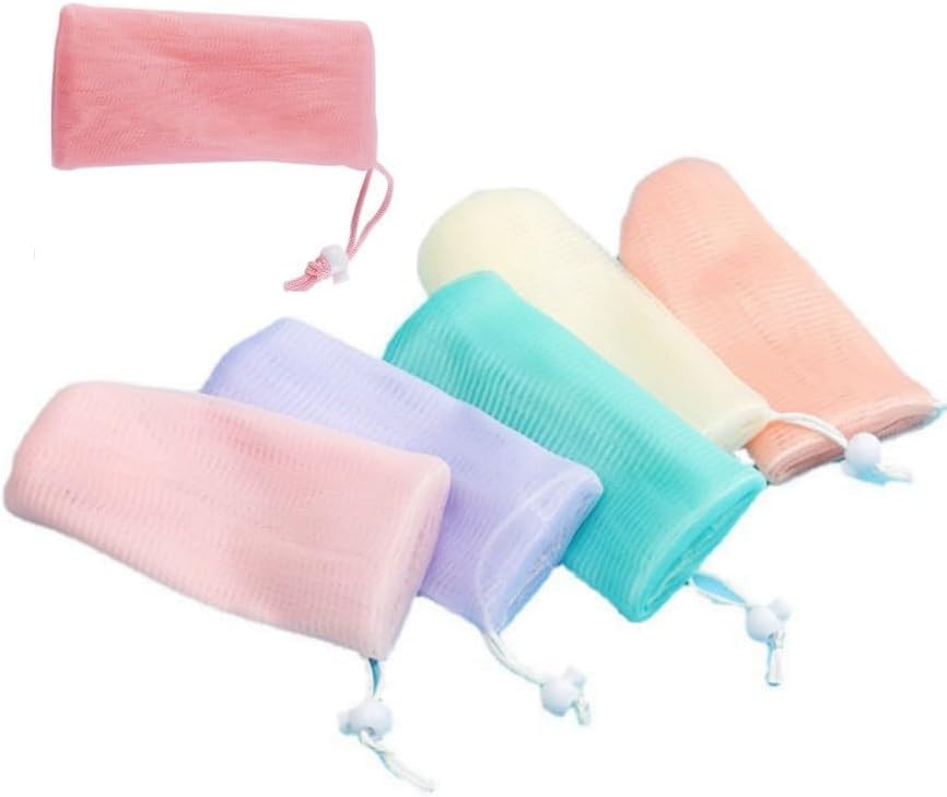 5Pcs Exfoliating Mesh Soap Pouch Bubble Foam Net Bag for Shower Saver Pouch Drawstring Foaming Net Soap Bag for Body Facial Cleaning Tool, 5 Colors