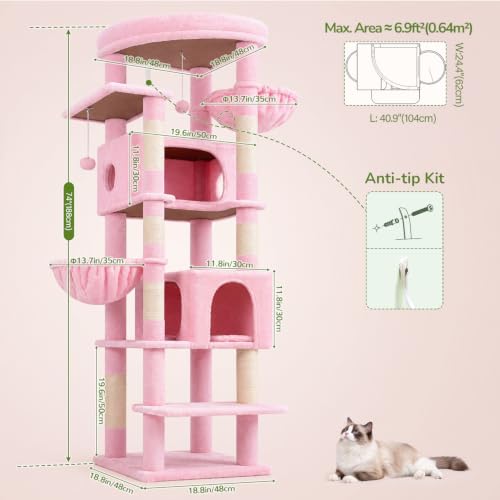 Image of Globlazer Pink Heavy Duty Cat Tree, 74in Sturdy Cat Tower for Large Cats Adult, Big Cat Tree with 7 Sisal Scratching Posts, 2 Padded Condos, 2 Dual-Ear Hanging Baskets, Enlarged Top Perch, S74, Pink