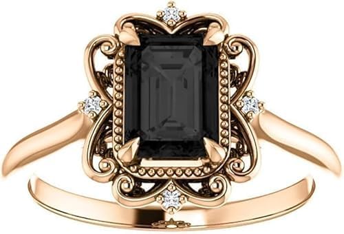 1CT-3CT Filigree Vintage Emerald Shape Black Diamond Engagement Ring, Victorian Halo Emerald Genuine Black Diamond Ring, Antique Black Onyx Ring, 14K Solid White Gold Ring