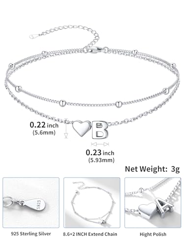 Image of SILVERCUTE Silver Anklets for Women, Waterproof Initial Heart Ankle Bracelets Sterling Silver, Adjustable Layered Foot Jewelry Summer Beach Fashion with Personalized Name Design, Gift Package