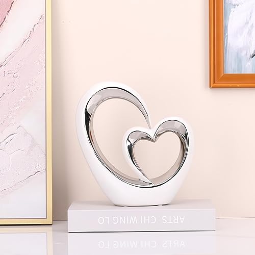 Escultura Doble Corazón de Porcelana Blanca y Plata miniatura 5