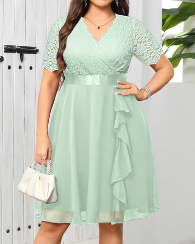Image of Talisea Plus Size Wedding Guest Dress - Formal Cocktail Party Ruffle Elegant Tea Length Lace Chiffon V Neck Midi Dresses