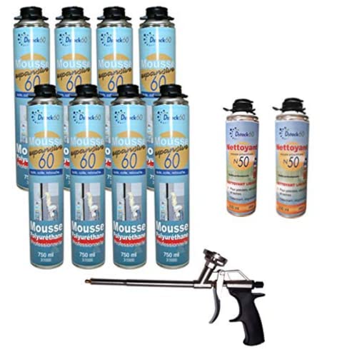 DSTOCK60 - LOT DE 8 MOUSSES PISTOLABLES + 1 PISTOLET + 2 NETTOYANTS - MOUSSE EXPANSIVE 750 ML - MOUSSE POLYURÉTHANE PROFESSIONNELLE - ISOLE, COLLE ET REBOUCHE...