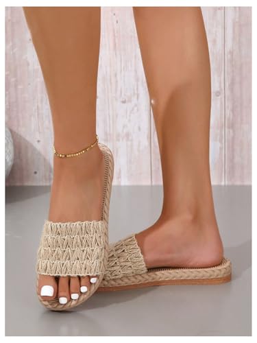 OYOANGLE Women's Boho Linen Braided Single Band Slide Sandals Beach Vacation Straw Flat Sandal4