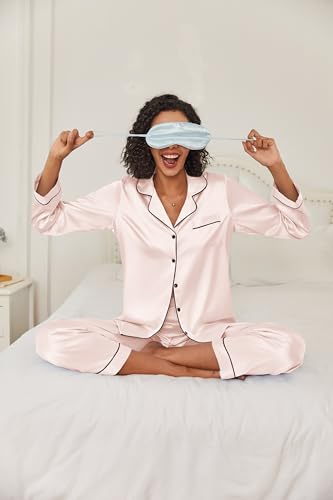 Image of Ekouaer Women's Classic Button Down Long Satin Silk Pajama Set