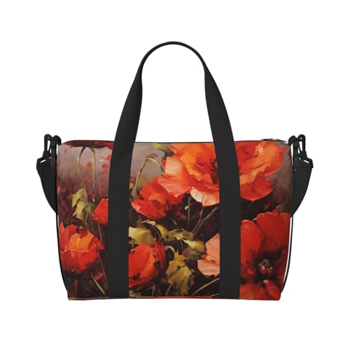 Sports Gym Bag for Women Men Travel Duffel Bag Tote Weekender Bag Carry on Overnight Bag for Travel Swimming Fitness Workout Sports Oil painting red flower Duffle Bag