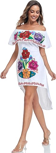 Image of YZXDORWJ Women's Mexican Asymmetrical Dress Embroidered Floral Off-Shoulder Cocktail Latina Fiesta Dress