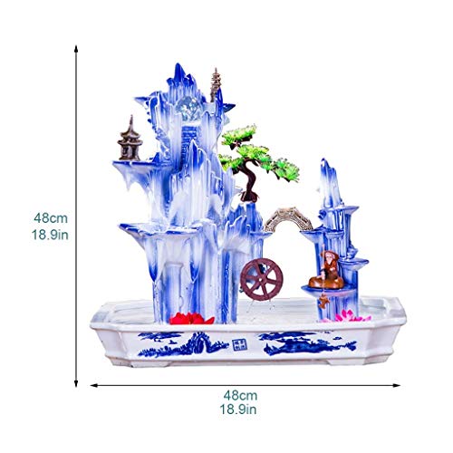 FMOGE Fontein voor binnen, grote keramiek, waterval, fontein en vissers, Feng Shui wiel, handwerk, geschenk, desktopfontein, woonkamer, kantoor, luchtbevochtiger, blauw, indoor, ontspanning, desktopfontein - Image 3