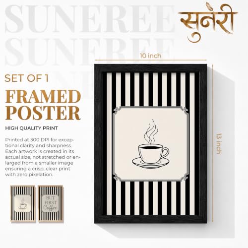 Image of Suneree But First Coffee Wall Art Set of 2 Framed Paintings | Black White Striped Coffee Poster Kitchen Cafe Decor | Home Office Wall Decor (Art 20, 10x13 Inches, Black)