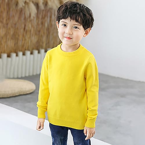Toddler Boys And Girls Fall And Winter Round Neck Pullover Solid Color Knitted Sweater College Daily Wear Boy Sweatshirt (Yellow, 5-6 Years)2