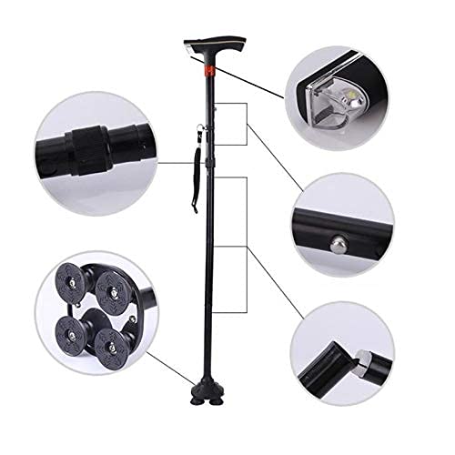 Bastón para Caminar Ancianos Bastón Plegable para Caminar Soporte de Aluminio Muletas Telescópico Antideslizante Bastón Ajustable de Cuatro Patas con luz LED Alarma SOS Decorate
