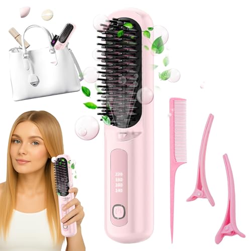 Numoya Go Brush Pro Cordless Portable Straightener, Hair Gobrush Pro Rechargeable Straightener Hot Comb Fast Heating for Travel and Everyday Use(Pink)