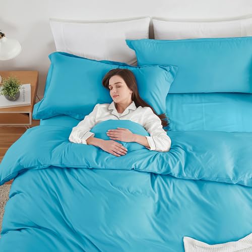 Image of Hearth & Harbor Bright Blue Duvet Cover with Fitted Sheet Full Size | 4 Piece Soft Double Brushed Bedding Set, Button Closure, 1 Duvet Cover 80x90 Inches, 1 Fitted Sheet, 2 Pillow Shams