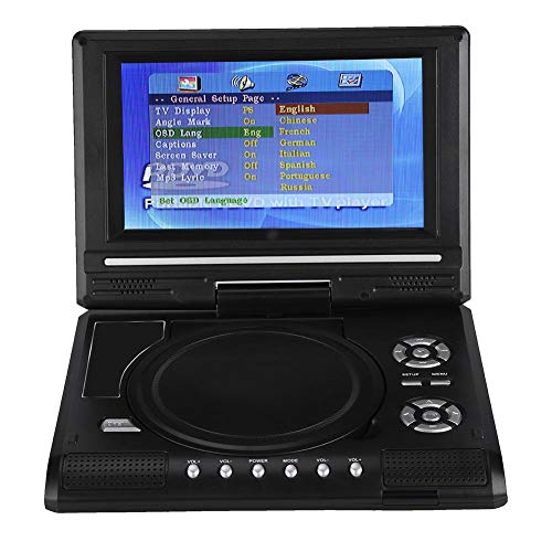 Lettore Dvd Portatile con Alimentatore di Bordo, Schermo orientabile da 7", Slot per schede SD e Porta USB, Radio FM, Supporto Memoria Break-Point per Viaggi su Strada(Spina UE)
