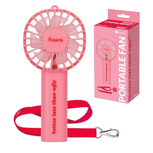 Fisura – Ventilador portátil rosa better late”. Ventilador de mano recargable con 3 velocidades y colgador. Ideal para verano, viajes y uso diario. 13,5 x 6 x 5 cm
