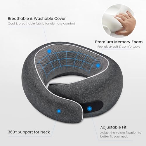 Travel Neck Pillows, 100% Memory Foam Filling, Travel Pillows for Airplanes, Compact and Ergonomic Design, Best for Sleeping Plane Train Travel Essentials (Light Black)