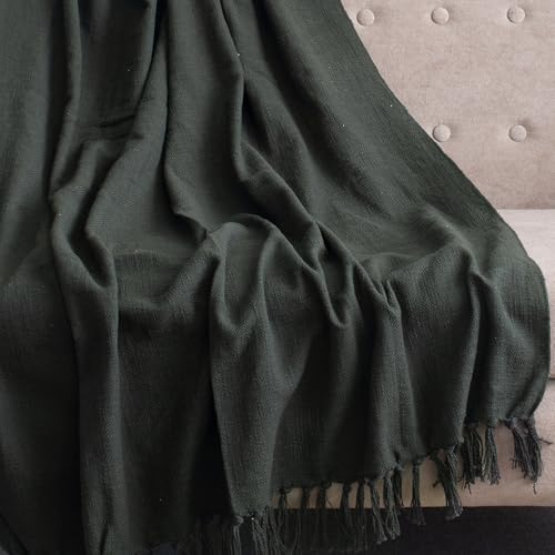 Image of Cotton Sofa Throw Blanket with Tassels 50x60 Inches Decorative Bed Throw for Living Room & Couch (Dark Green, Pack of 1)