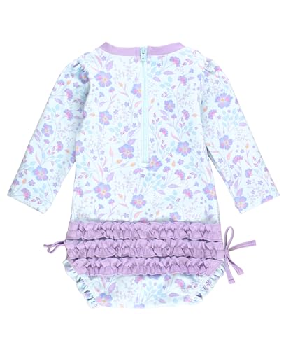 Image of RuffleButts Baby Girls UPF 50+ Sun Protection Floral Printed Long Sleeve One Piece Rash Guard Swimsuit with Zipper