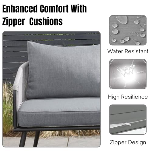 Image of DEVOKO Outdoor L-Shaped Conversation Sofa Set Rope Woven Design Patio Furniture Set Includes Cushions and Center Table (Grey)