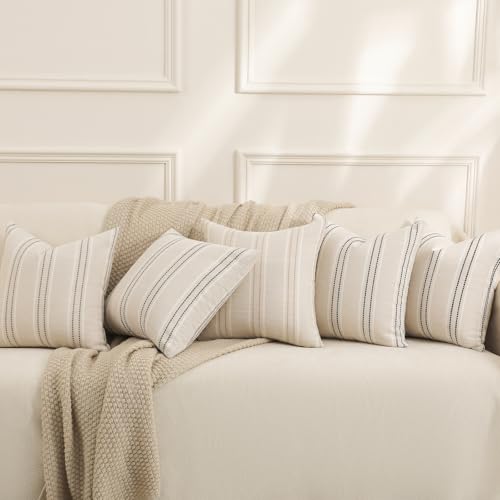 Hckot Throw Pillow Covers 22x22 Set of 2 Striped Pillow Covers Textured Linen Decorative Pillows Square Cushion Covers for Sofa Couch Bed Living Room Farmhouse Decor, Grey