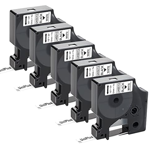 UniPlus 5X Compatible Dymo D1 12mm Label Tape Replacement for Dymo D1 45013 S0720530 Labeling Tape D1 Black on White, Work with Dymo LabelManager 160 210D 360D 420P LabelWriter 450 Duo Label Maker Cover