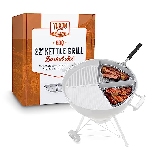 Yukon Glory™ BBQ Grill Basket for Kettle Grills - The Kettle Grill Accessories for Outdoor Grill Set Includes 2 stainless steel grilling baskets & Clip-On Handle Designed for 22' Kettle Grill Models - a Perfect Fish Grill Basket & Grill Vegetable Basket