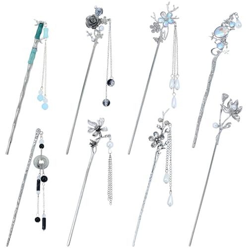 inSowni 8 Pcs Retro Vintage Asian Chinese Traditional Hanfu Silver Metal Flower Hair Sticks with Pearl Bead Pendants Bamboo Lotus Long Hair Chopsticks Forks Bun Updo Holders Hairpins for Women Girls
